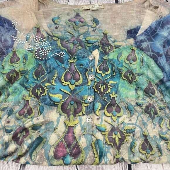 Live And Let Live Womens 1X Multicolor Embellished Top With Paisley Design - Picture 3 of 6